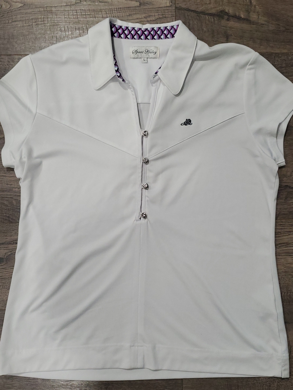 Sport Haley White Polo with Purple Patterned Collar Trim